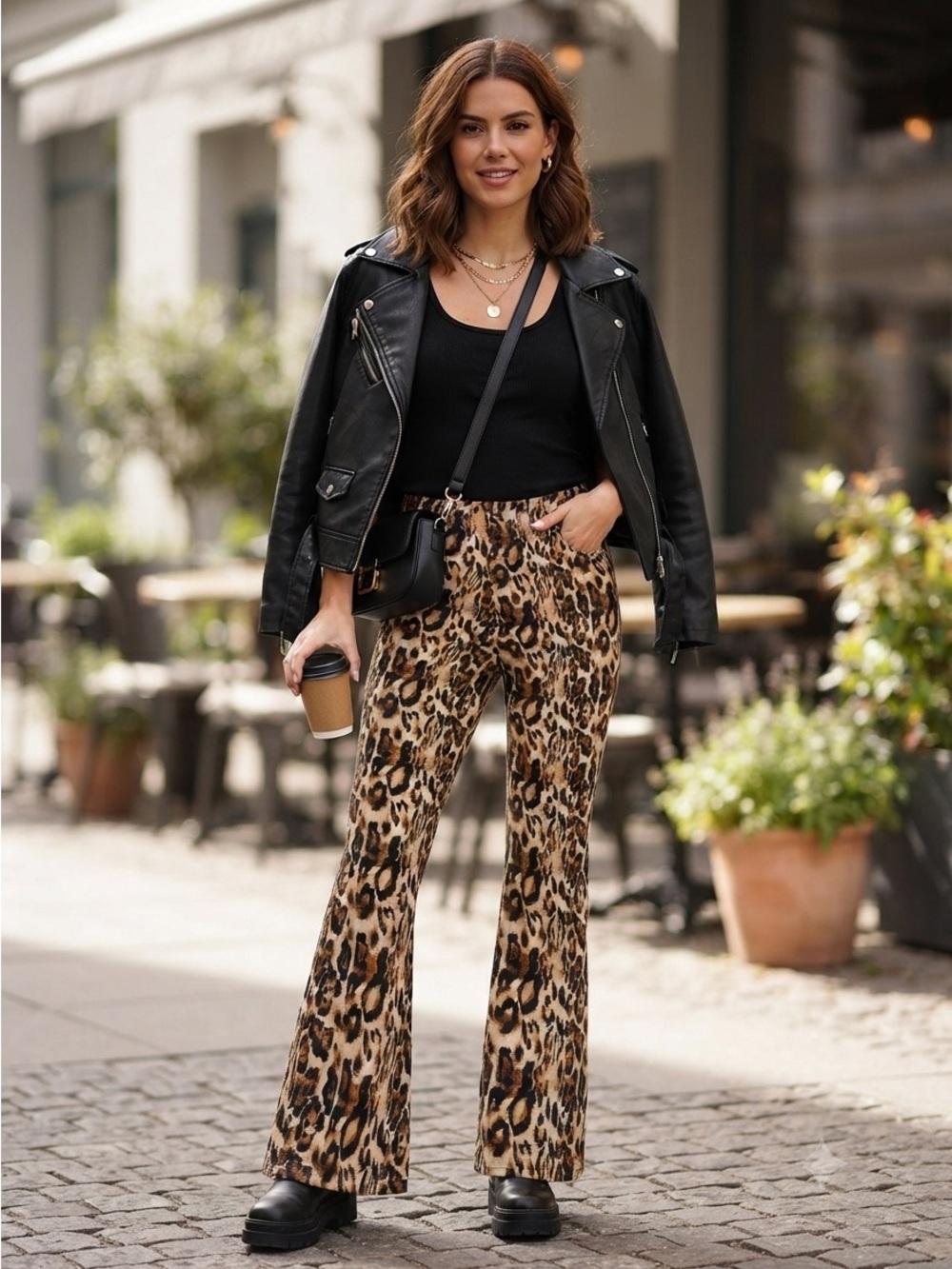 shosho Leopard-Print Flare Pants in Brown and Black